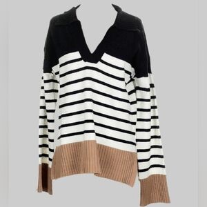 Ellen Tracy Black and White Striped V-Neck Oversized Sweater